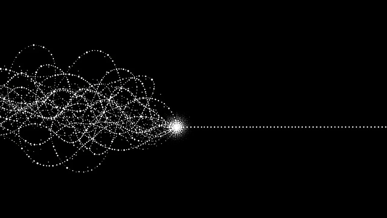 Chaotic dotted thread passing through a dense knot into a single straight line of dots